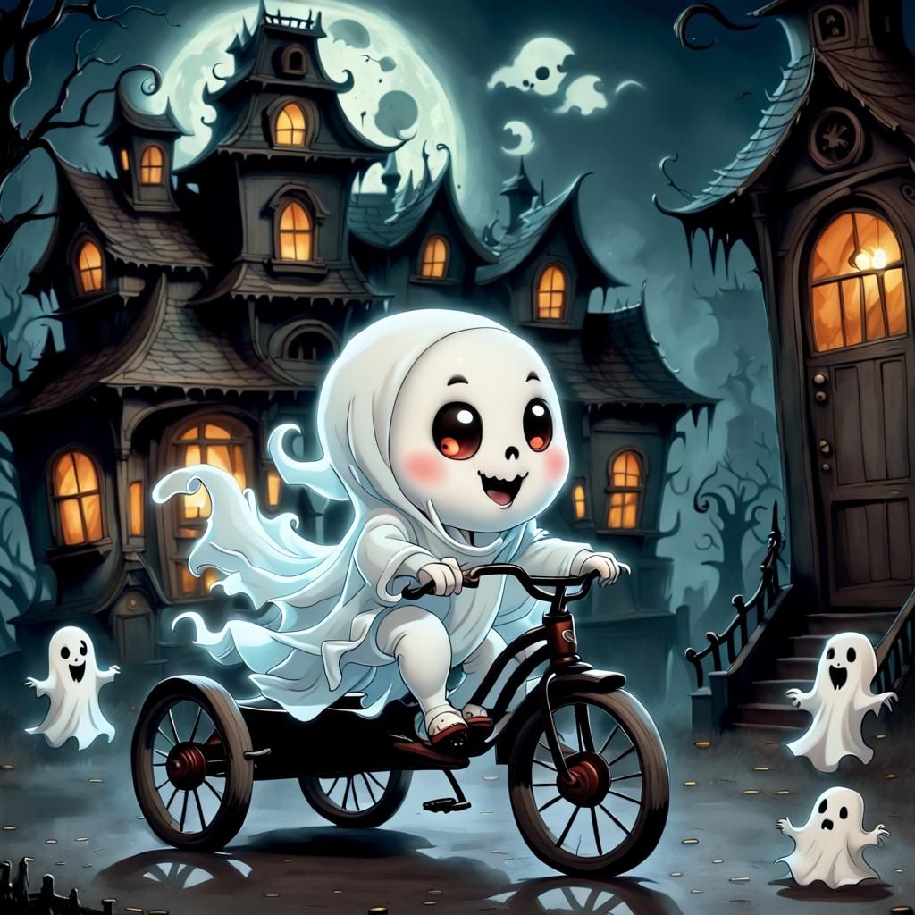Chibi Ghost Rides Tricycle in Haunted House