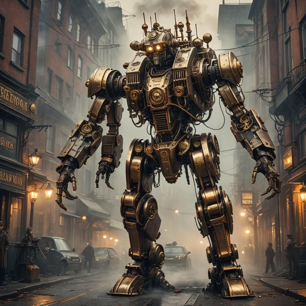 Steampunk Military Robot in Victorian Cityscape