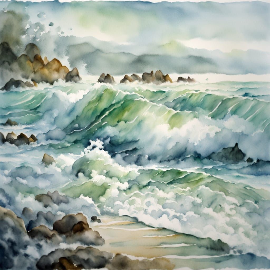 Serene Watercolor Wave Crashing on Shore