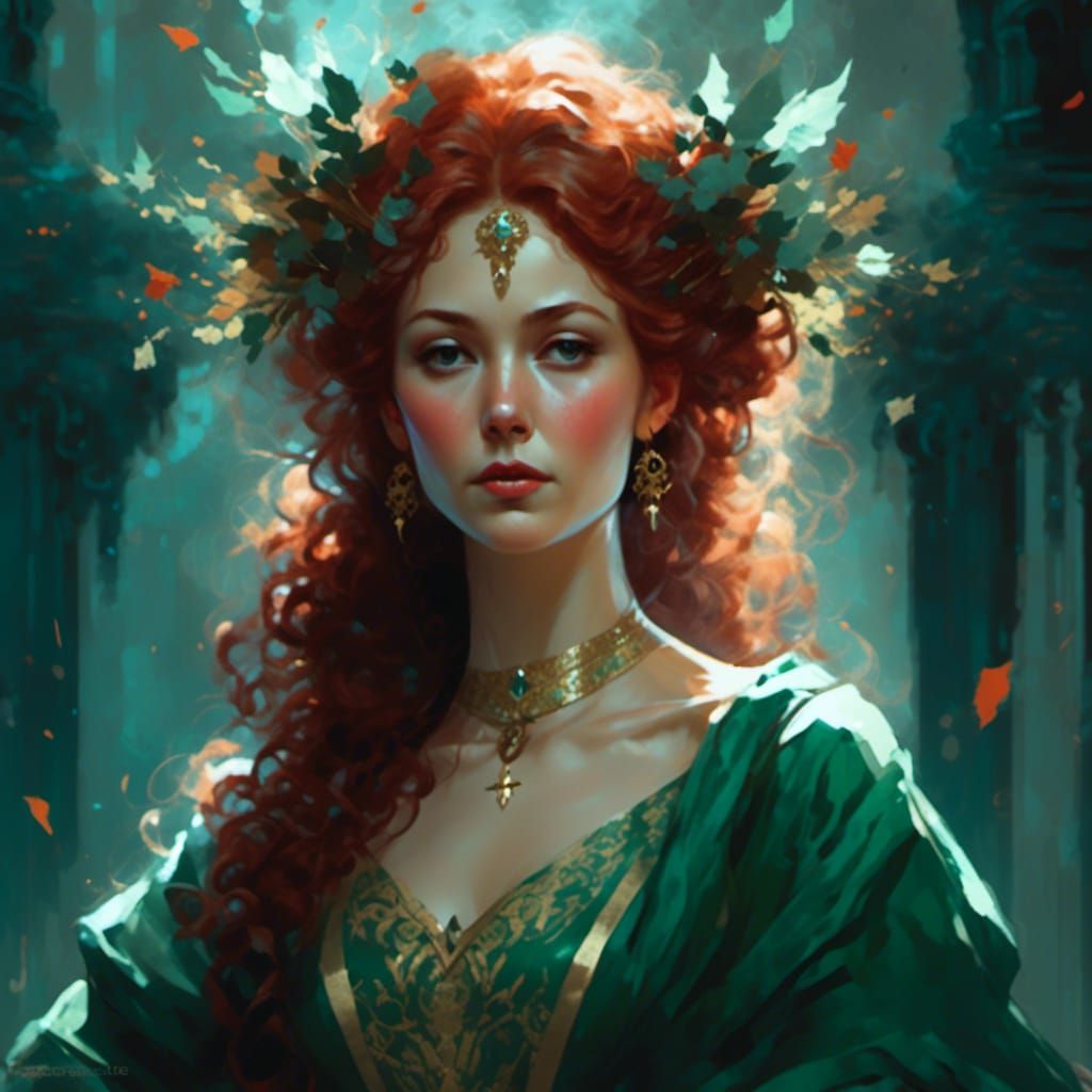 Comic Book Woman in Green Gown, Digital Art