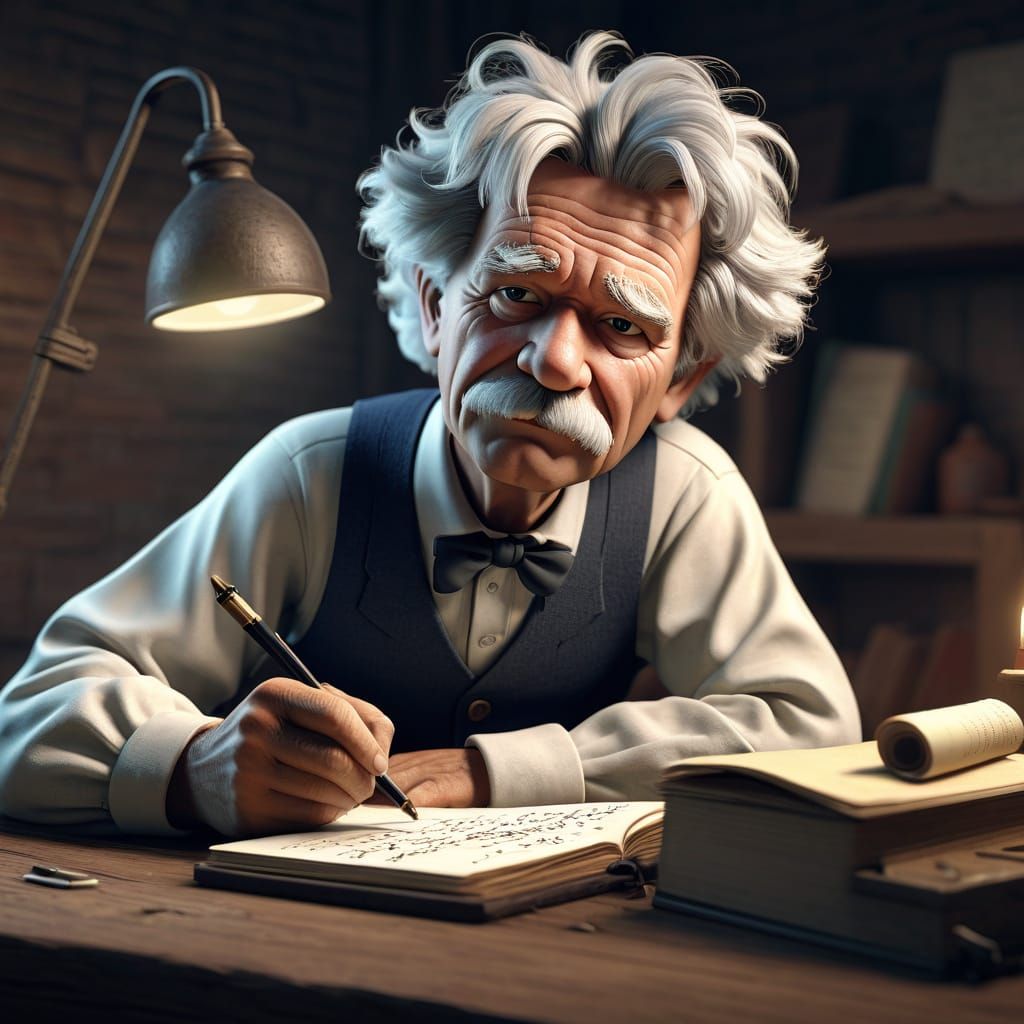 Mark Twain Writing Huckleberry Finn: 3D Cartoon