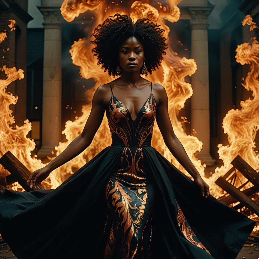 Powerful Woman in Flames: Cinematic 35mm Portrait