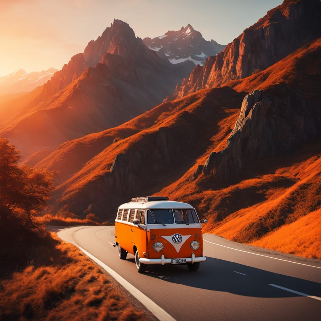 Vintage VW Bus on Mountain Road at Sunset