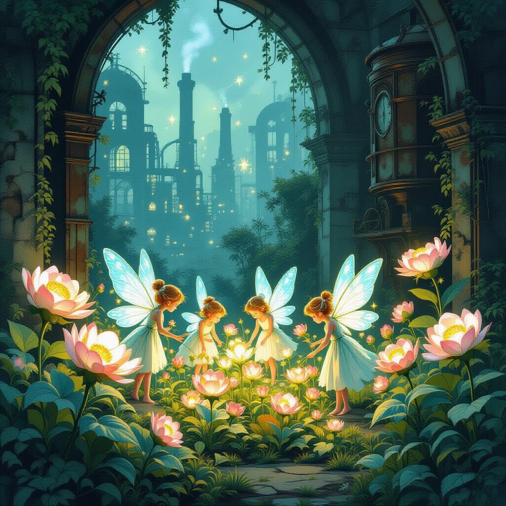 Fairies Tend Clockwork Flowers in Ruined Factory Garden