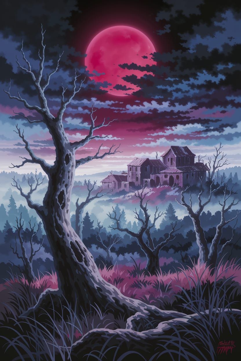 Noir Landscape with Crimson Sky in Digital Painting