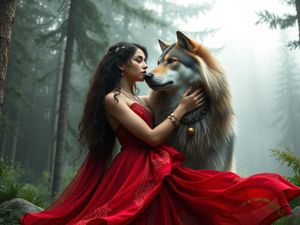 Woman and Wolf in Enchanting Forest, Splash Art