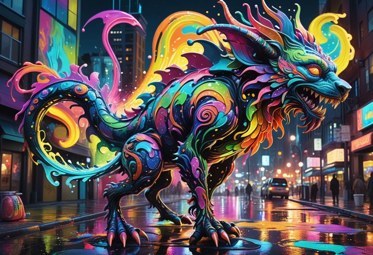 Whimsical Creature in a Neon Cityscape