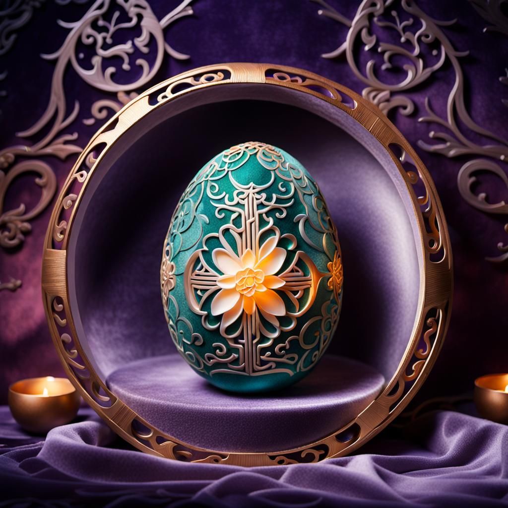 Glowing Carved Egg with Asian Motif in Hyperrealism