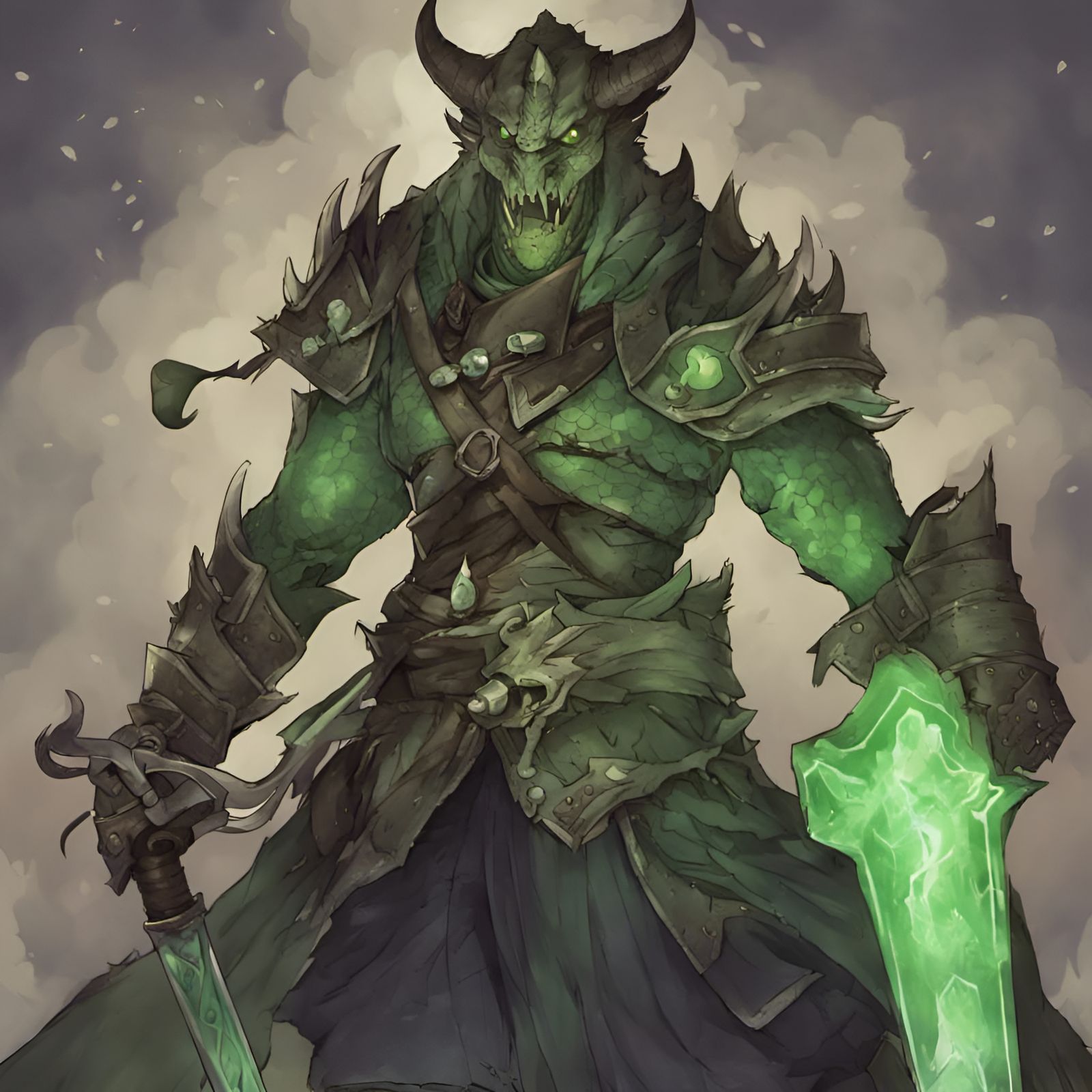 Green Dragonborn with Scars in Anime Style