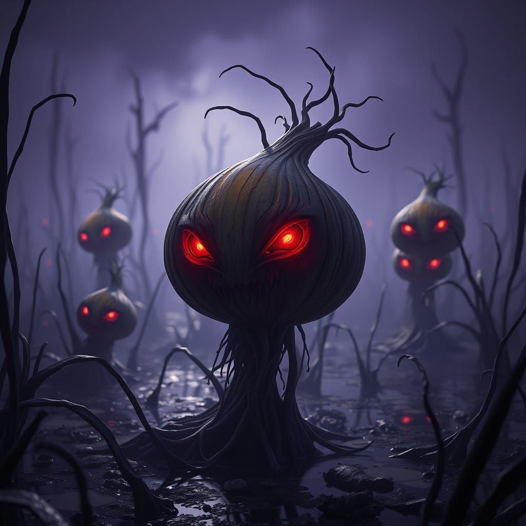 Evil Onions With Glowing Eyes In Dark Wetlands