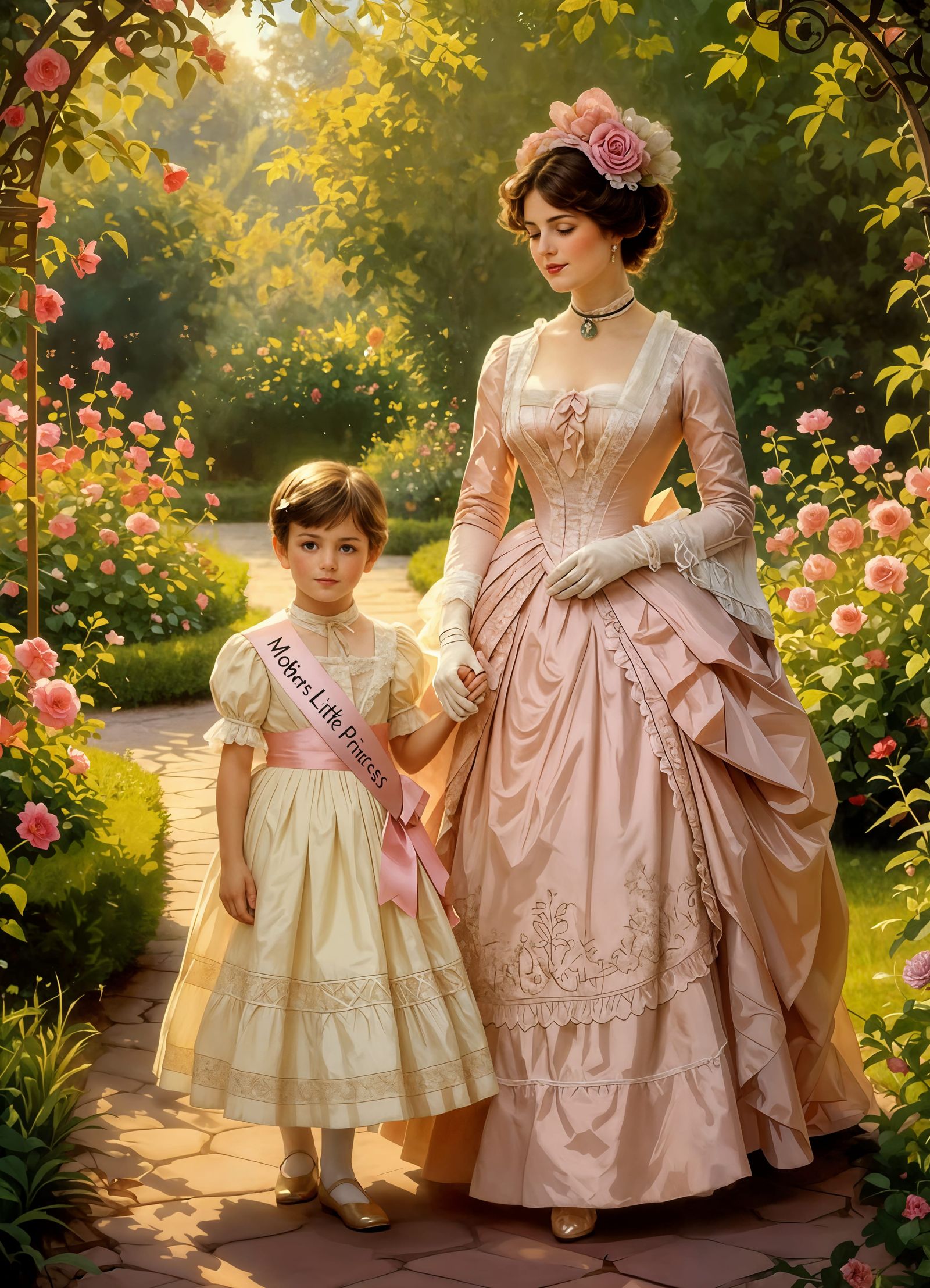 Victorian Garden Scene: Boy in Girl's Dress with Mother