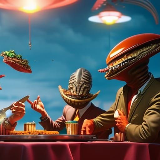 Hyperrealistic Aliens Enjoying Hamburgers