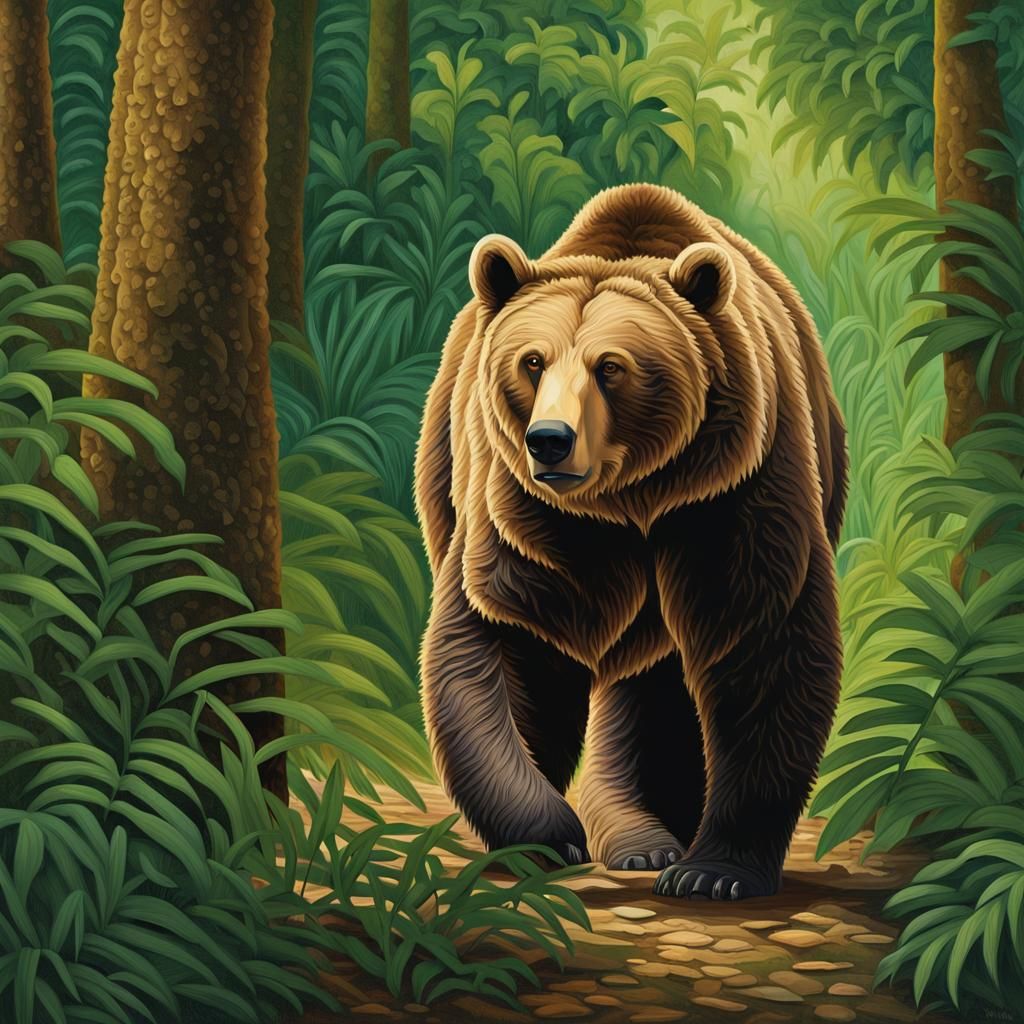 Majestic Brown Bear in Vibrant Jungle Art
