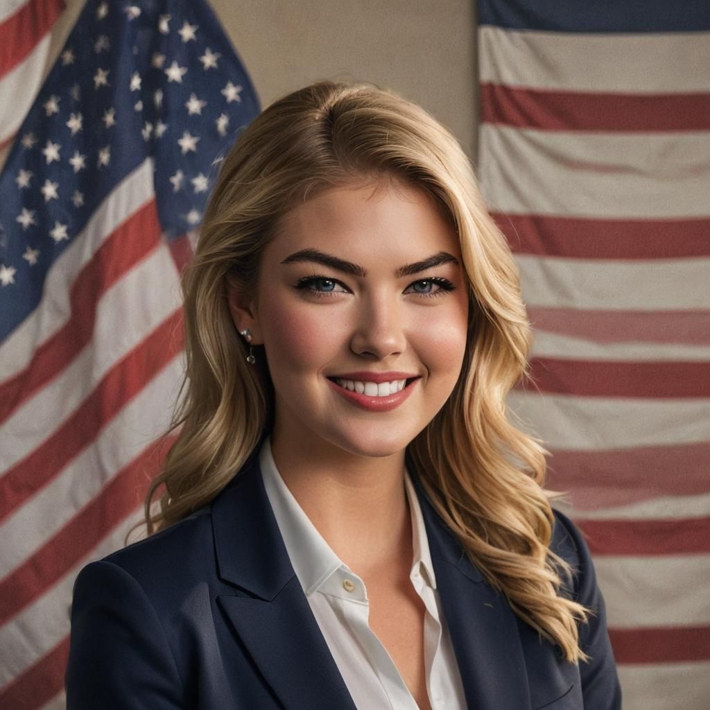 Smiling Woman Portrait with American Flag Backdrop