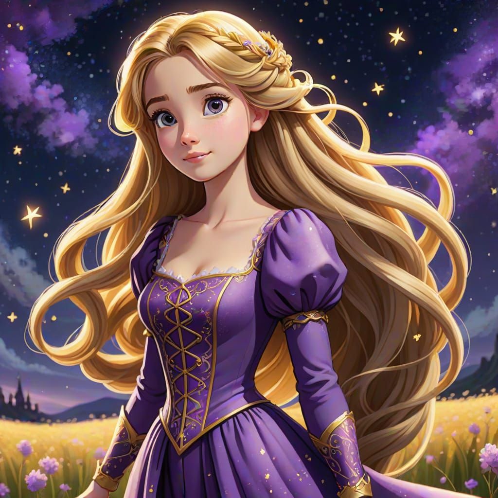 Anime Rapunzel with Flowing Hair and Stars
