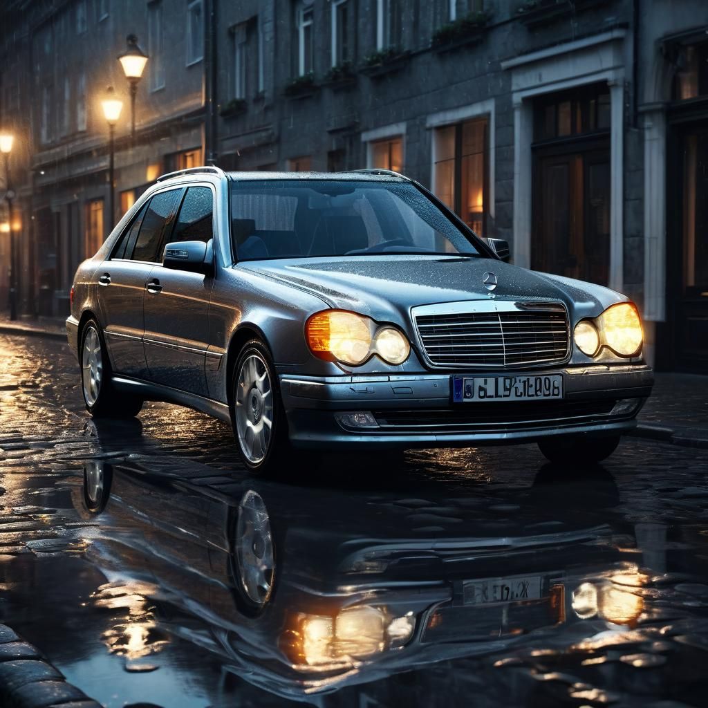 Mercedes E500 on Wet Cobblestone Street
