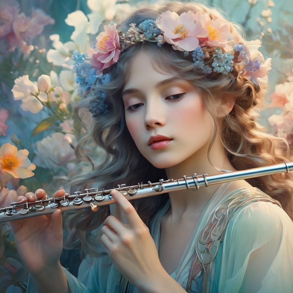 Art Nouveau Woman Playing Flute in Mucha Style