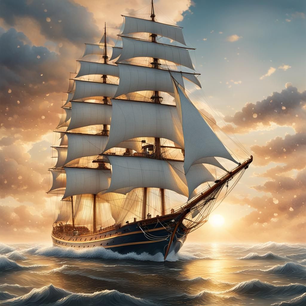 Sailing Ship on Calm Waters: Hyper-Realistic Digital Art