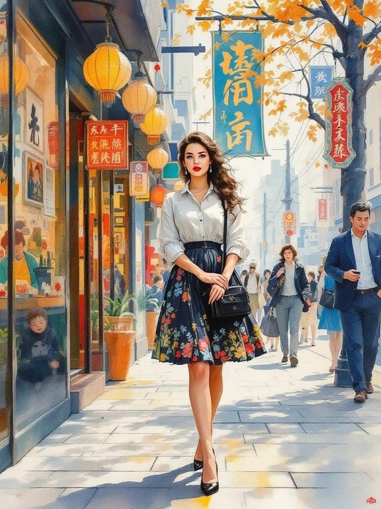 1950s Pin-Up Woman in Watercolor Style