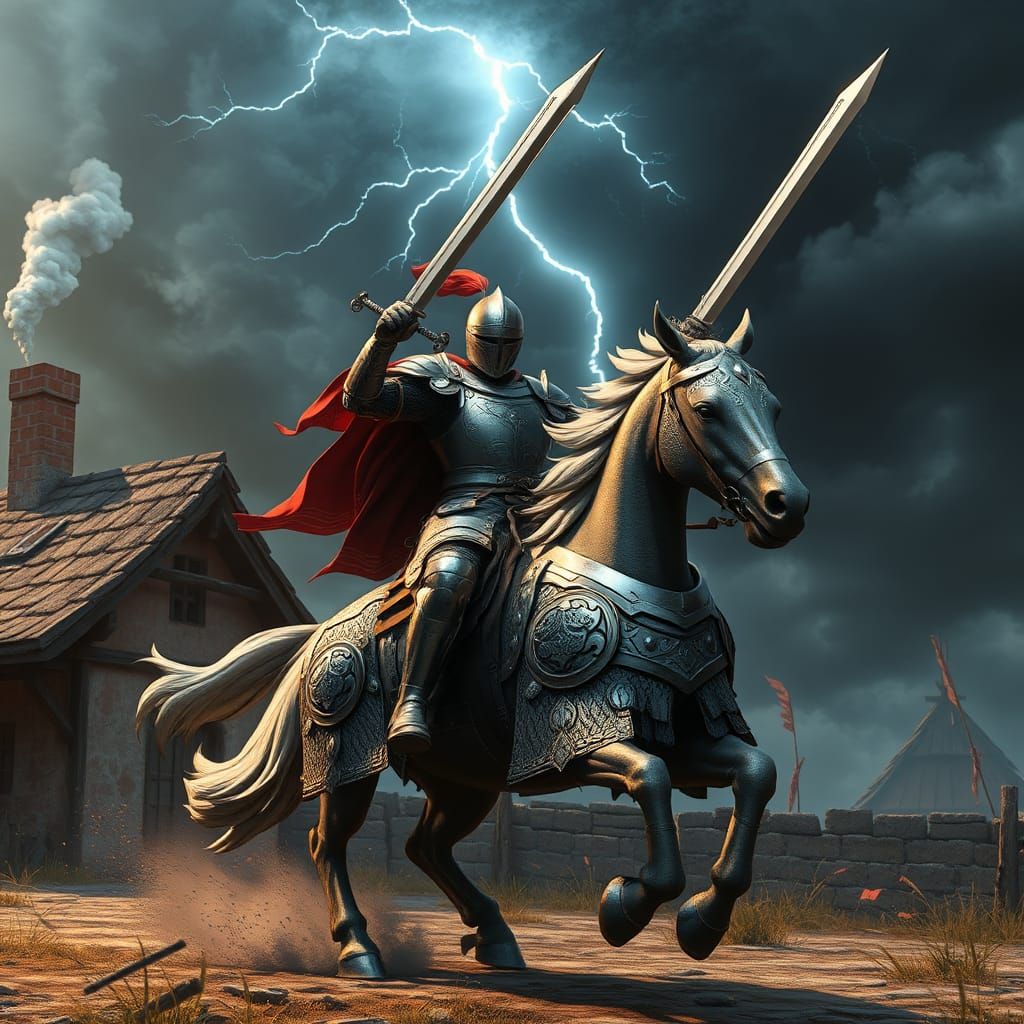 Armored Knight on Horseback Amidst Storm, in 3D Style
