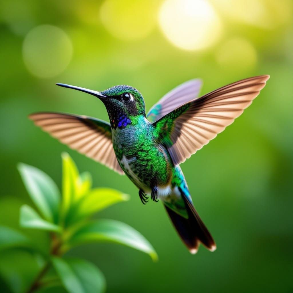 Vibrant Hummingbird in Dappled Sunlight Macro Photo