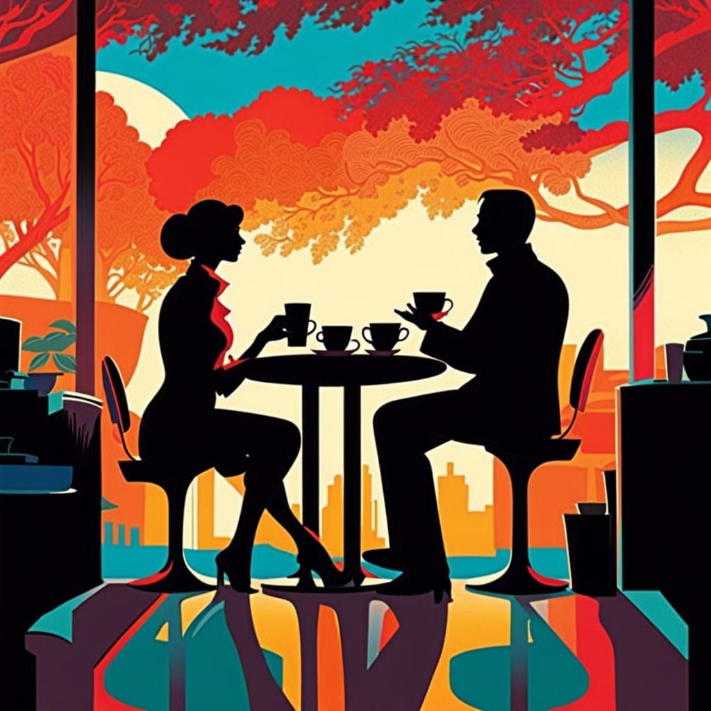 Coffee Chat Silhouette in Bold Poster Art Style