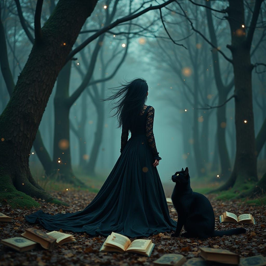 Facing camera, beautiful Woman with black windswept hair wearing a long black dress, in a fairy forest, looking up at ni...