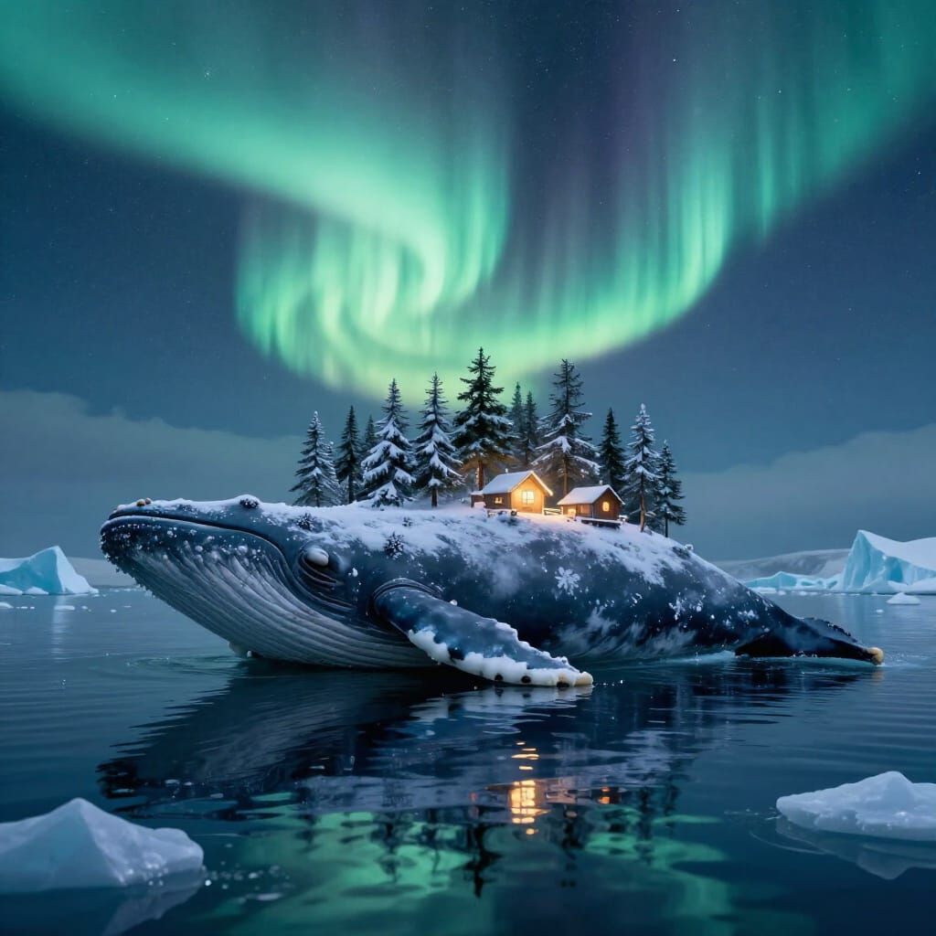 Whale Continent Under Aurora Skies with Forest and Cabins