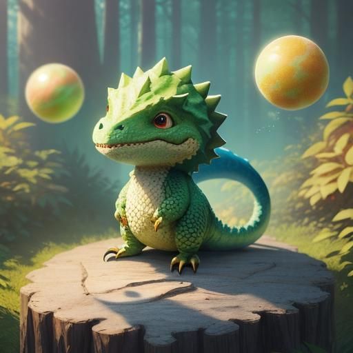 Furry Dinosaur Plays Ball in Sunlit Forest