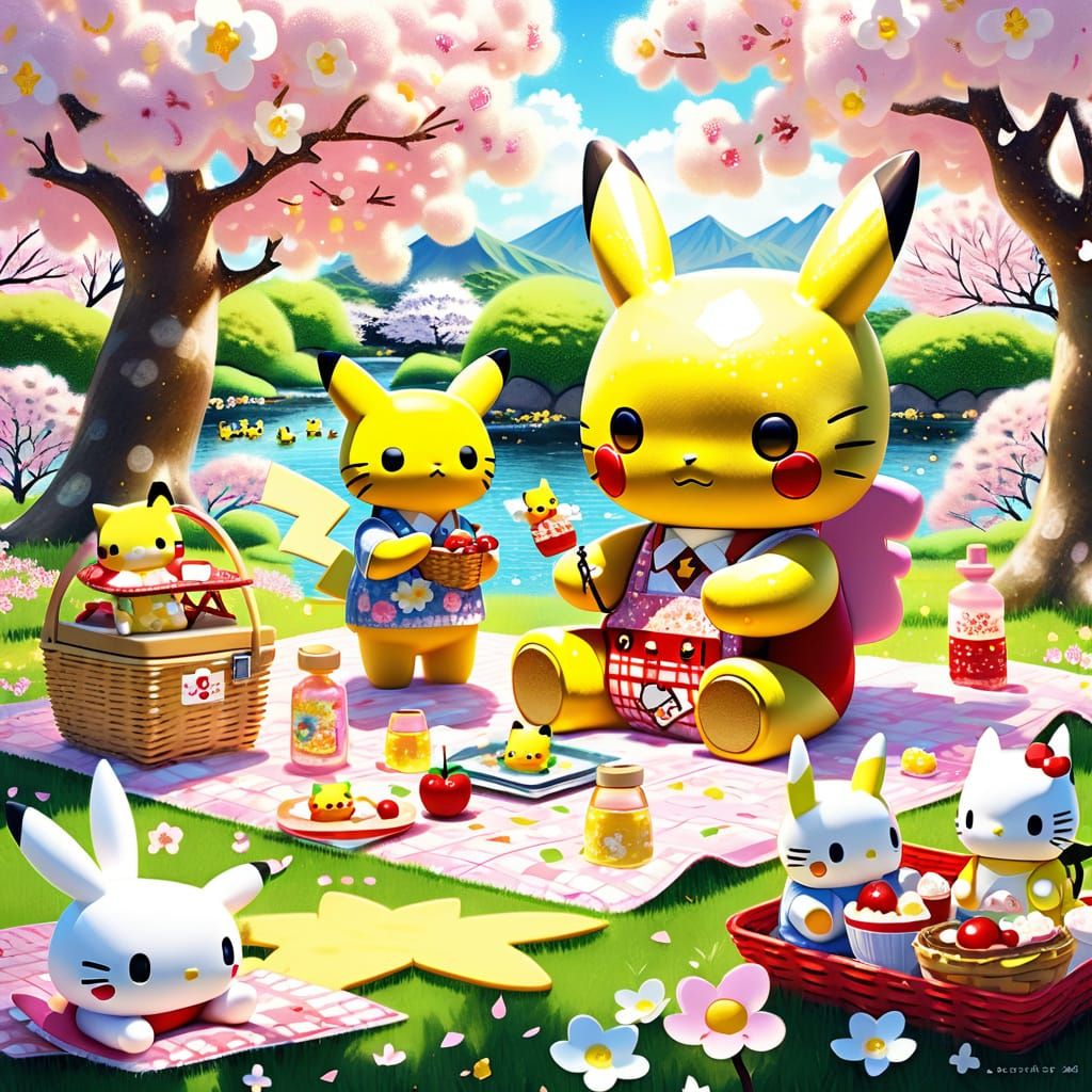 Hello Kitty and Pikachu Picnic in Japanese Park