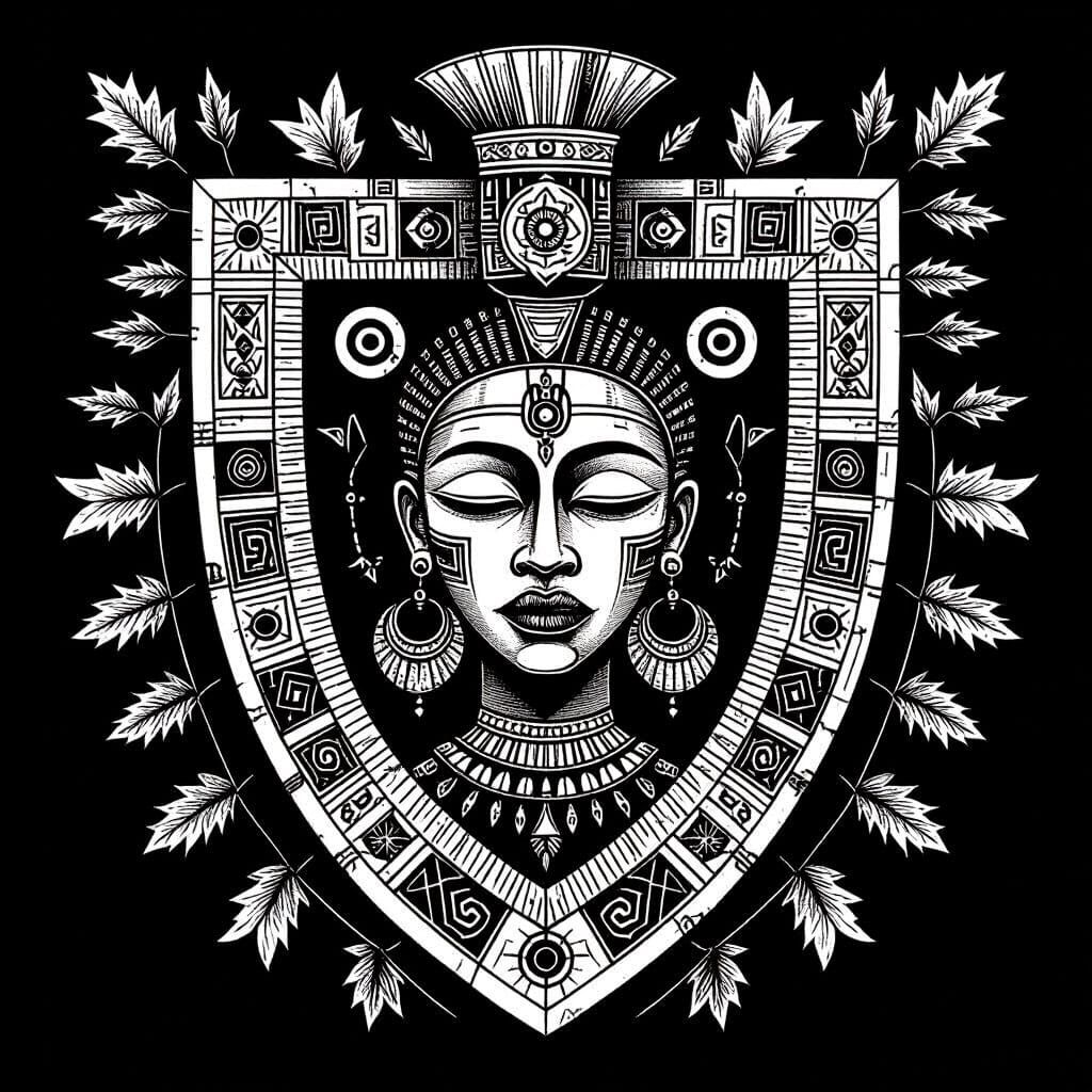 House of Bijou Family Crest Shield in Black and White Line A...