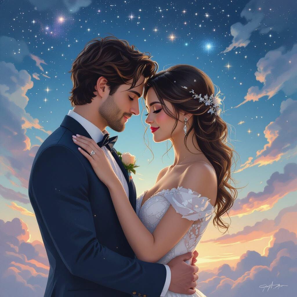 Romantic Couple Embracing Under Starry Sky in Pastel Sketch