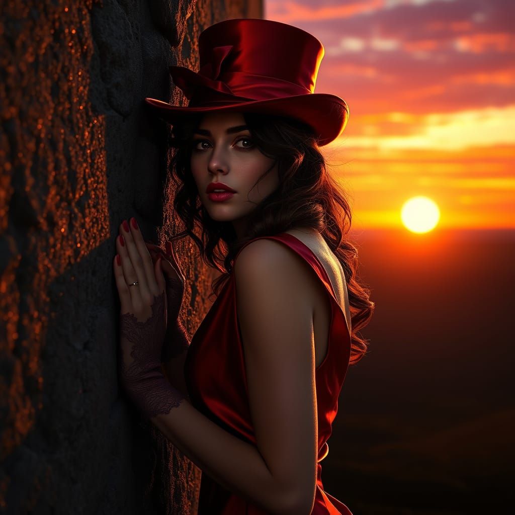 Elegant Lady in Red Satin at Sunset