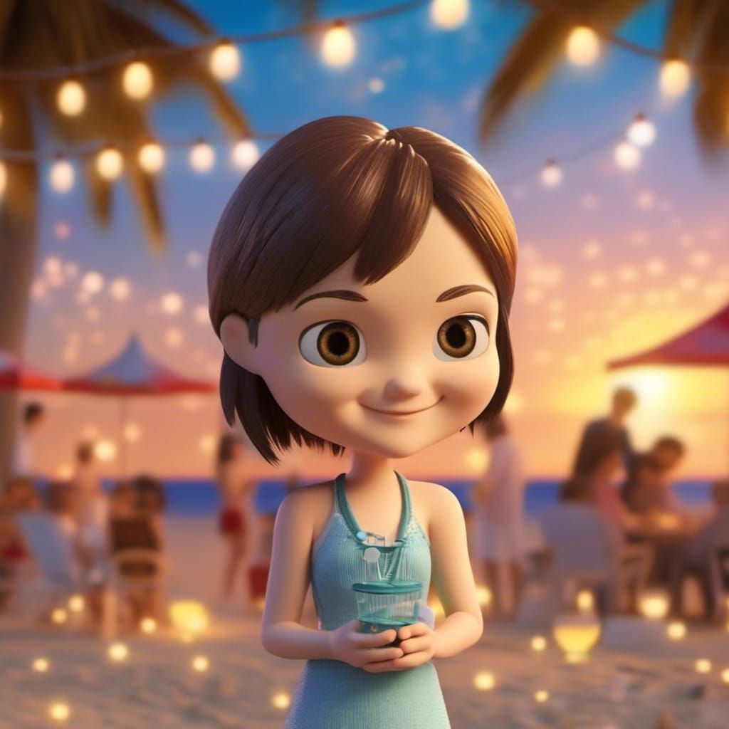 Chibi Anime Character at Beach Party in 3D