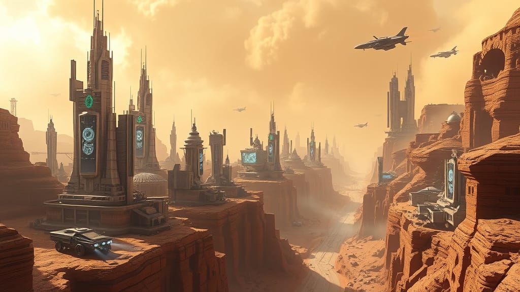 Cyberpunk Martian Cityscape Amidst a Dust Storm