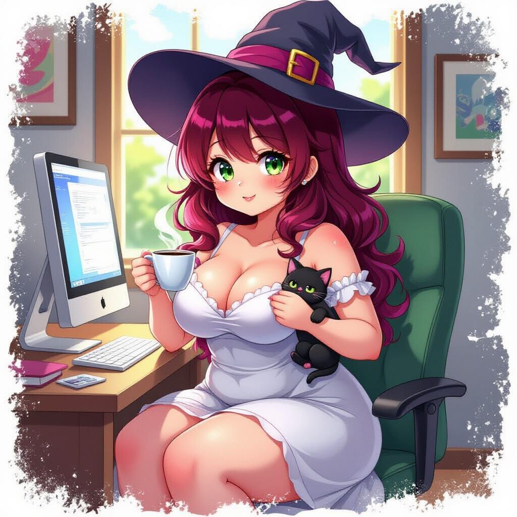 Anime Woman in Witch Hat with Kitten and Coffee