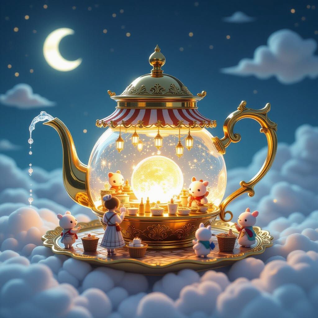 Whimsical Teapot Market on a Cloud with Luminous Tea