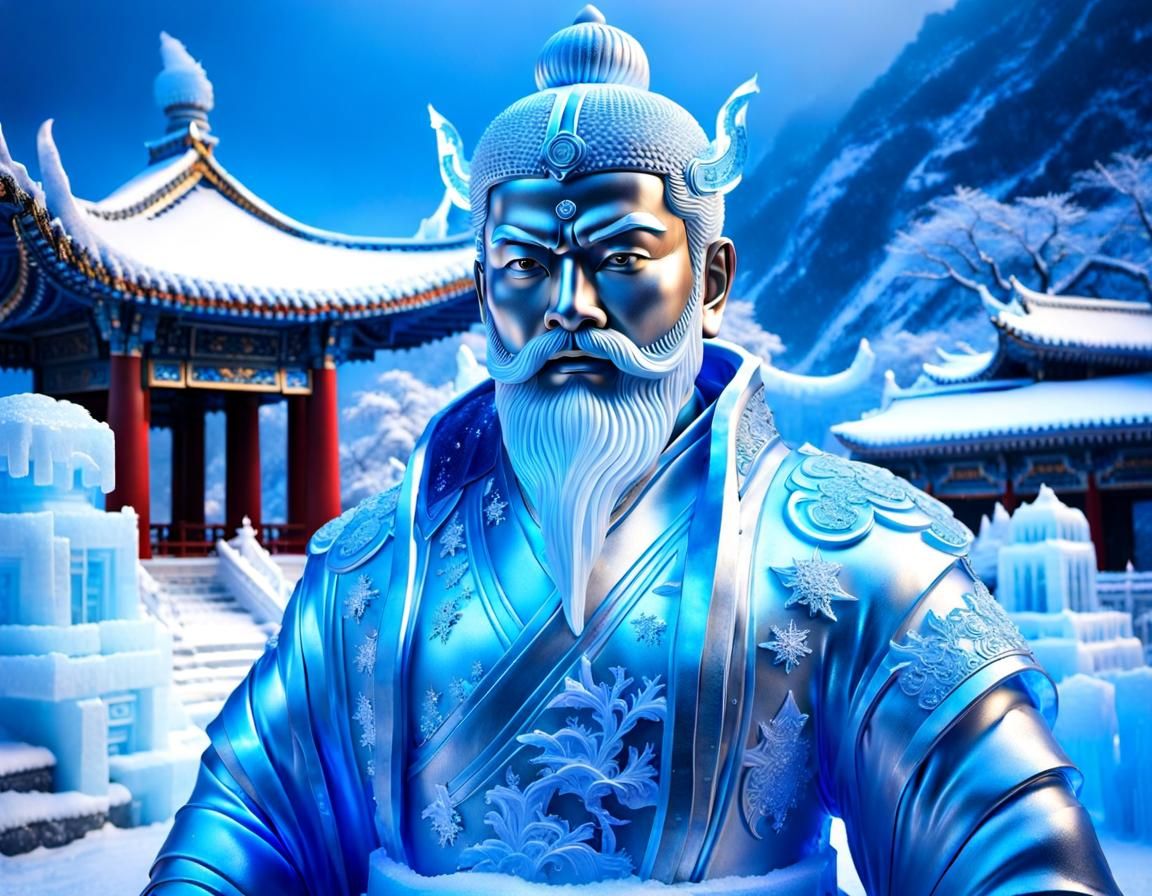 Icy Shaolin Guard Sculpture in Blizzard Scene
