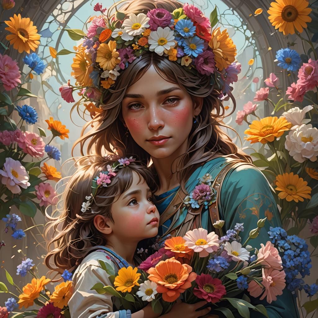 Mother and Child Bouquet Portrait in Artgerm Style