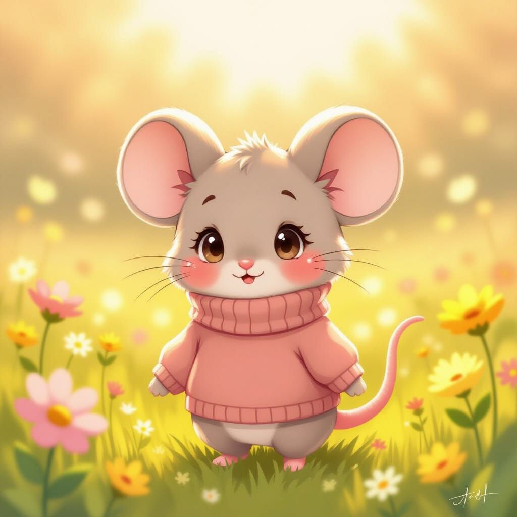 a shy mouse character , kawaii cheeks , warm colors ,