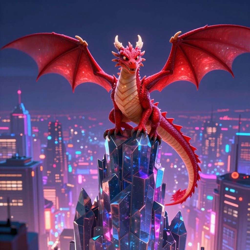 Red Dragon Over Neon City in Fantasy Style