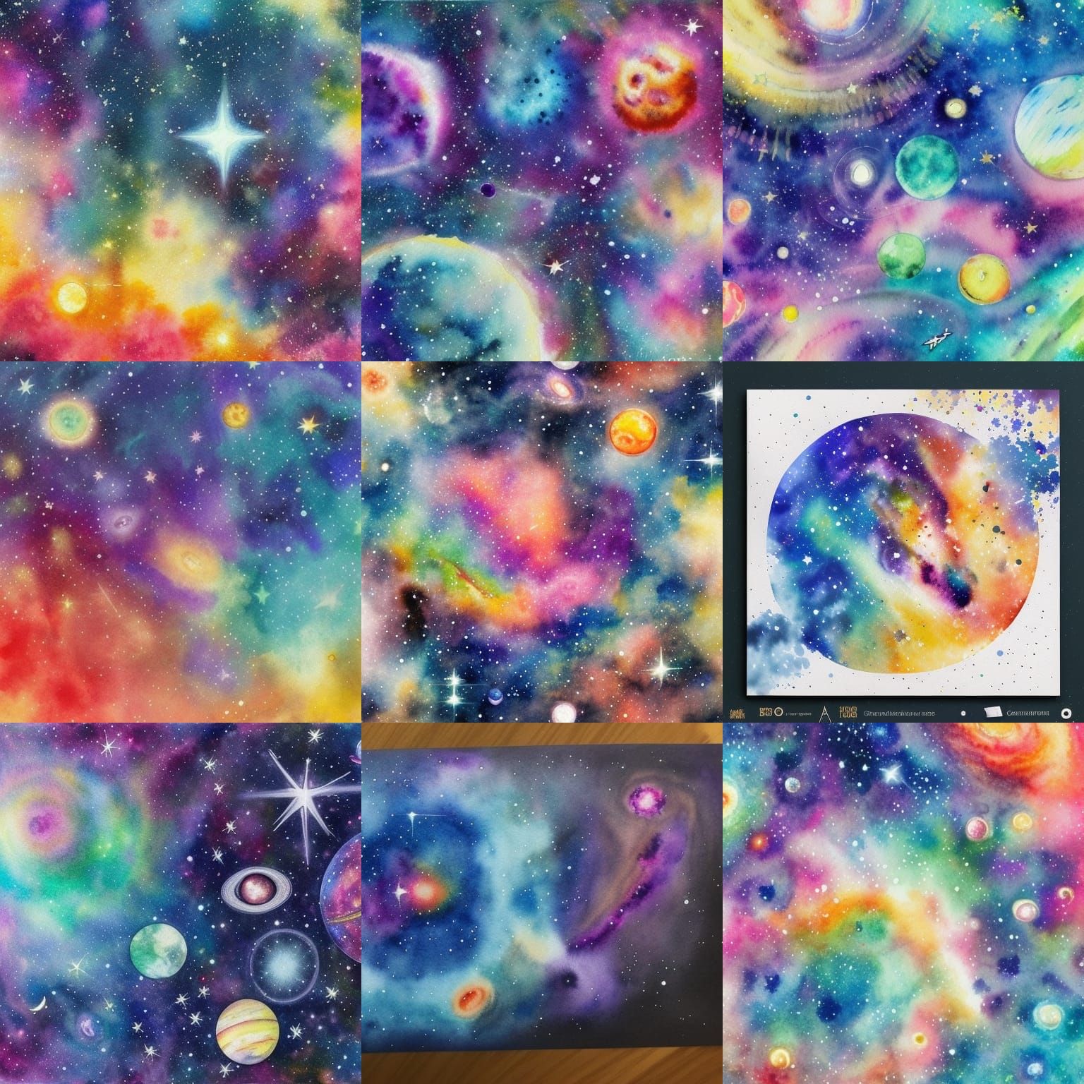 Colorful Watercolor Galaxy with Planets and Spaceships