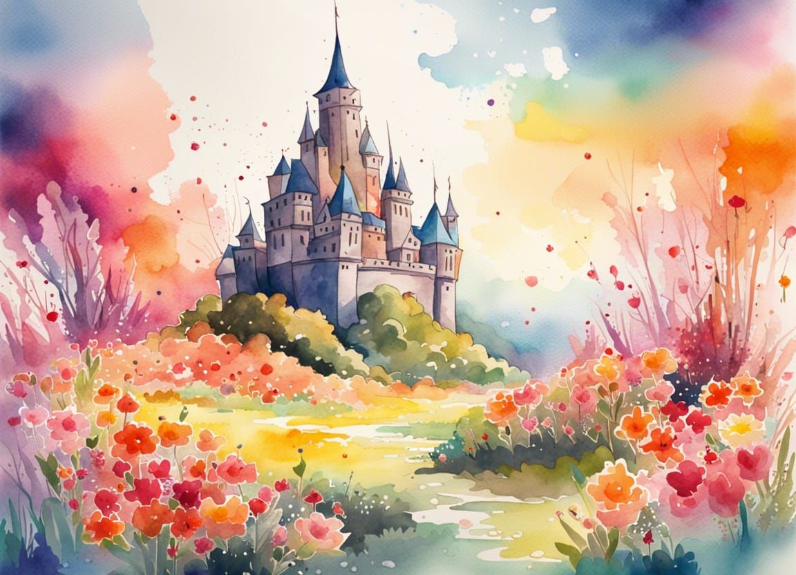 Colorful Castle Landscape in Watercolor Style