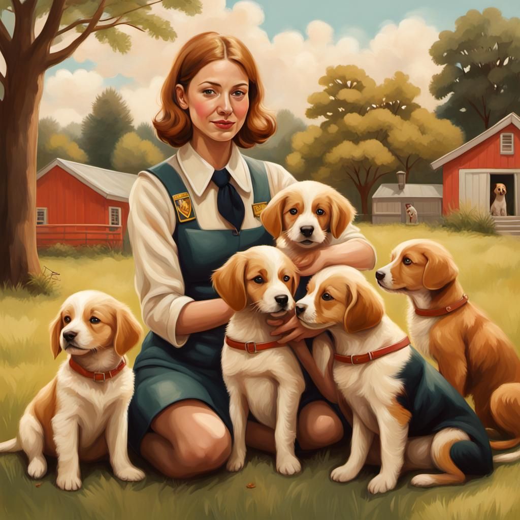 Idyllic Puppy Petting Scene in Oil Painting Style