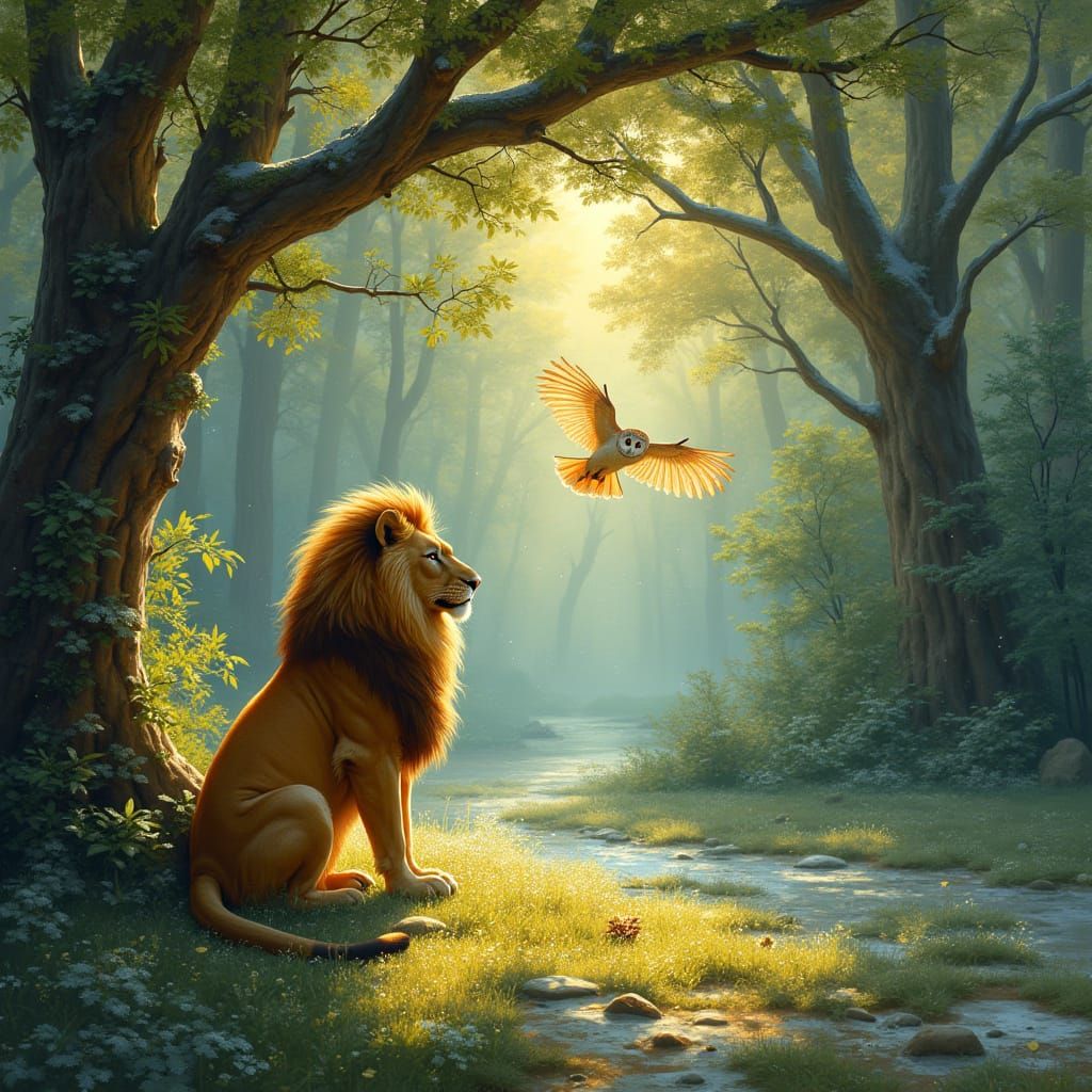 Serene Lion in Sun-Dappled Forest, Majestic Tiger in Golden ...