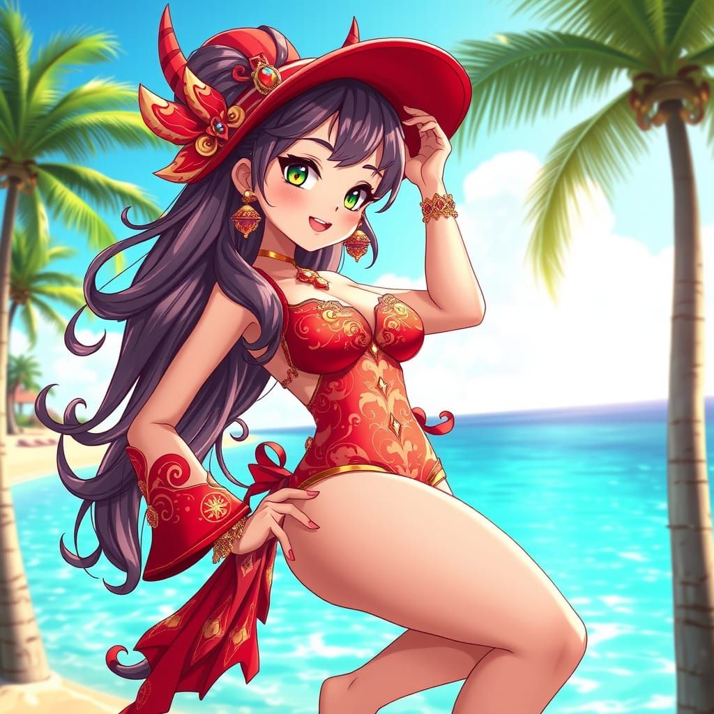 Vibrant Chibi Goddess in Crimson Red Bathing Suit
