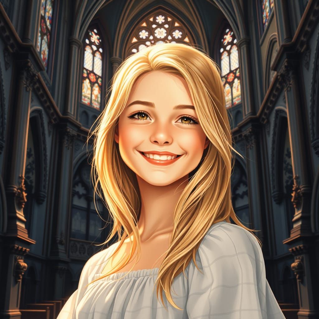 Radiant Girl in Church Portrait Illustration