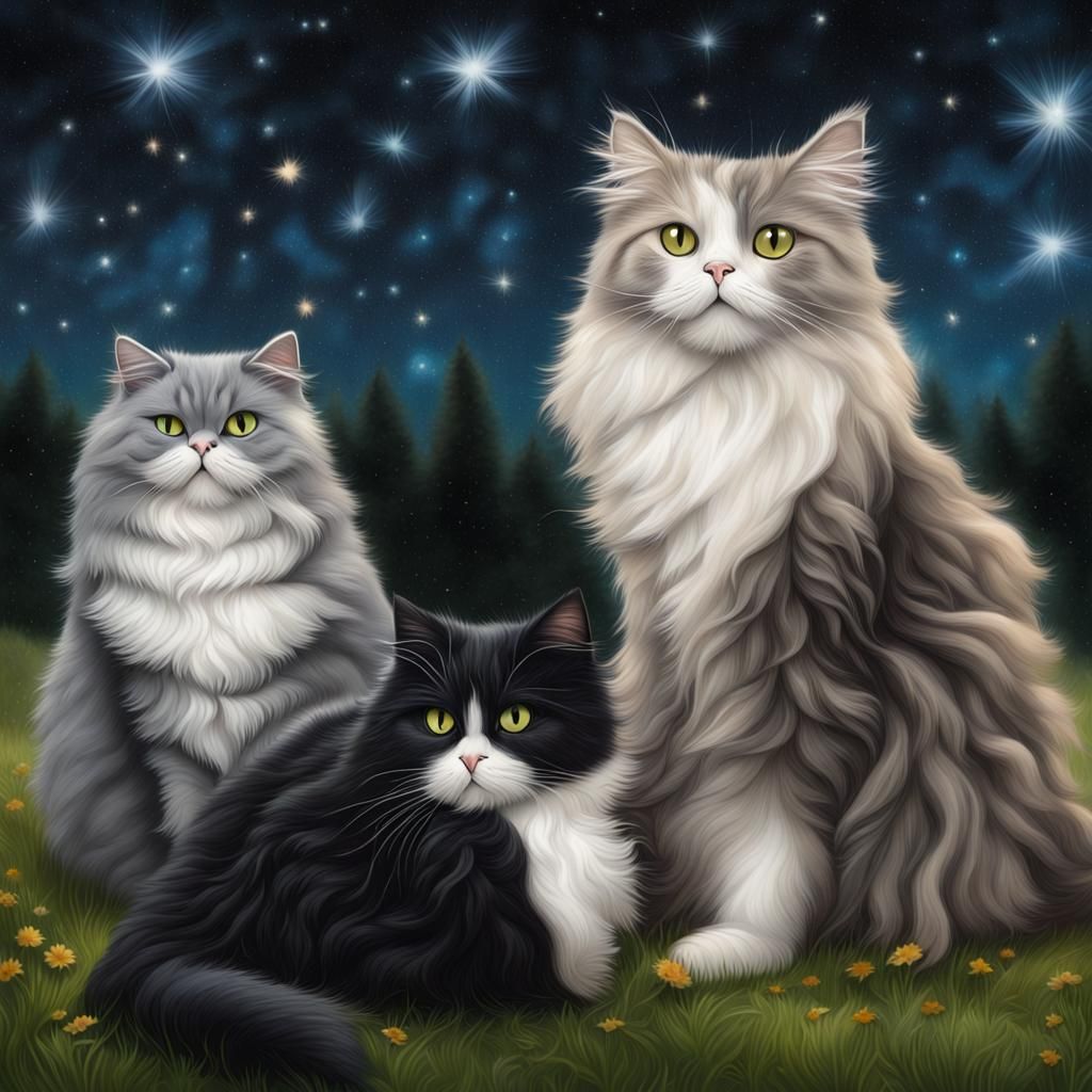 Cats Play Under Starry Sky: Fantasy Concept Art