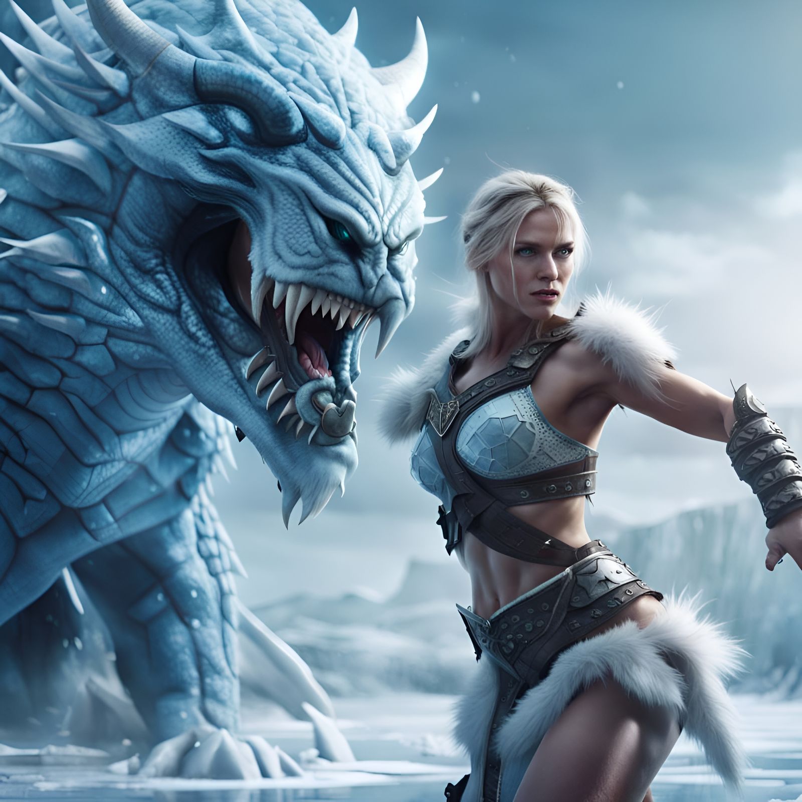 Female Warrior Battles Monster on Ice Field