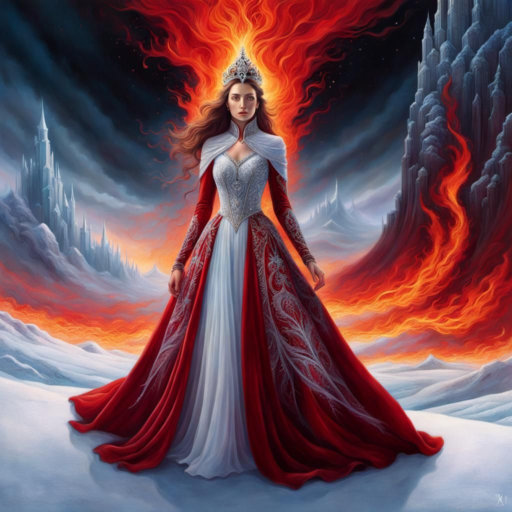 Icy Queen with Flames in Surreal Landscape
